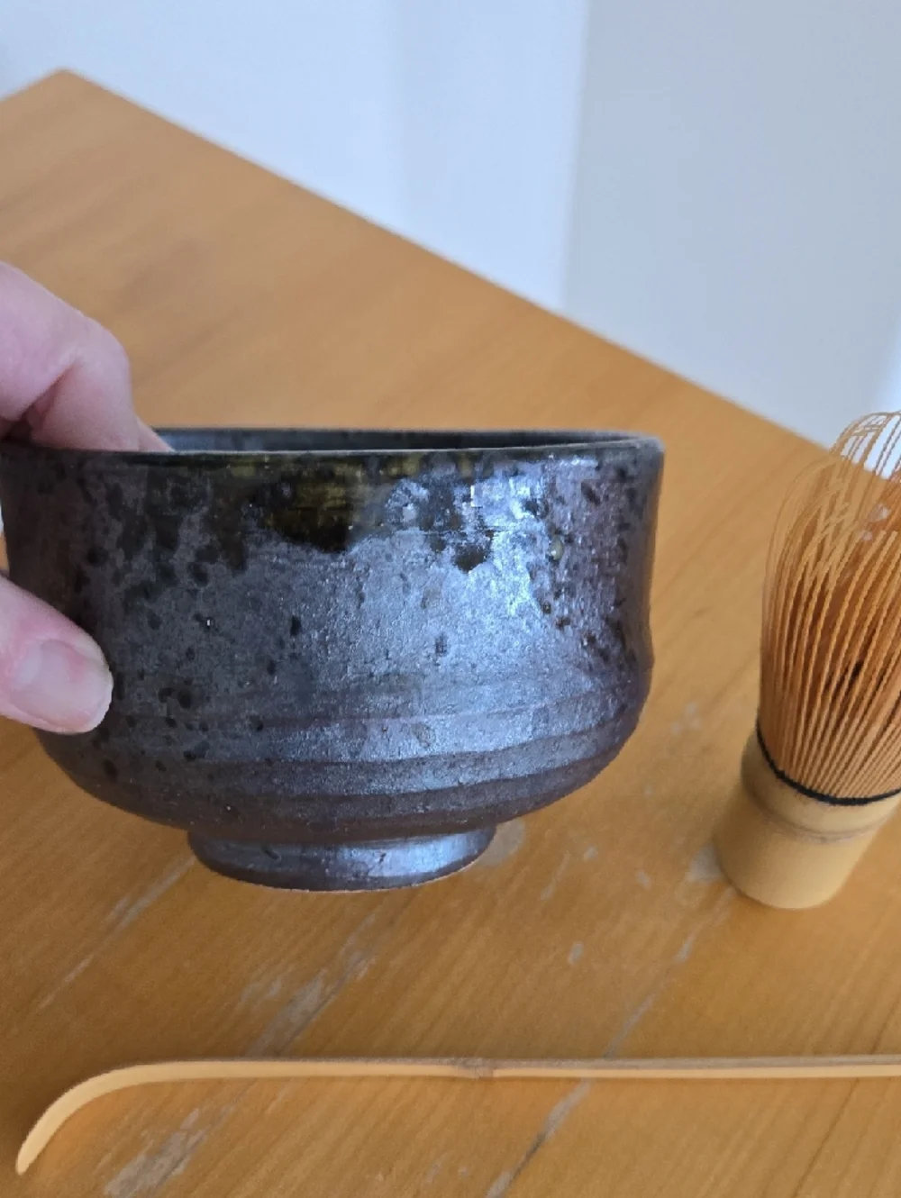 Handmade Dark Glazed Ceramic Matcha Tea Bowl with Bamboo Whisk